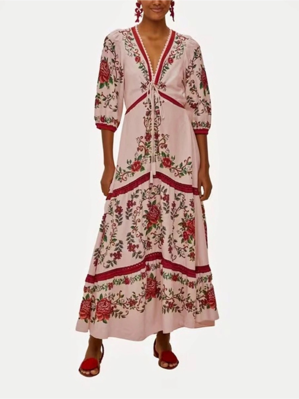 Farm Rio Floral Maxi Dress in Pink & Red Like New
